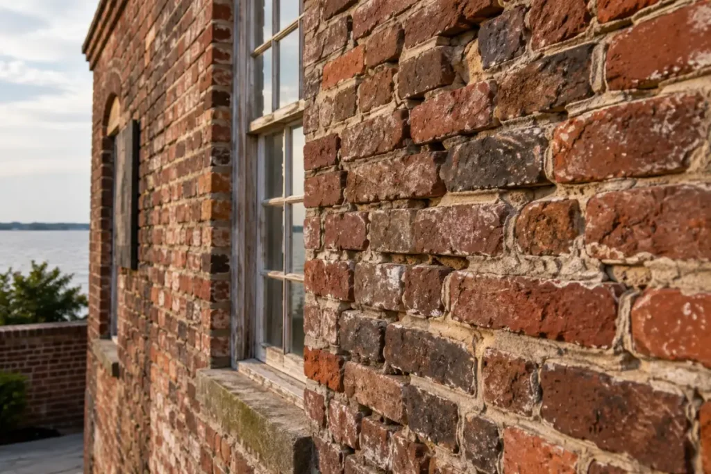 Aging brick facade with eroded mortar joints