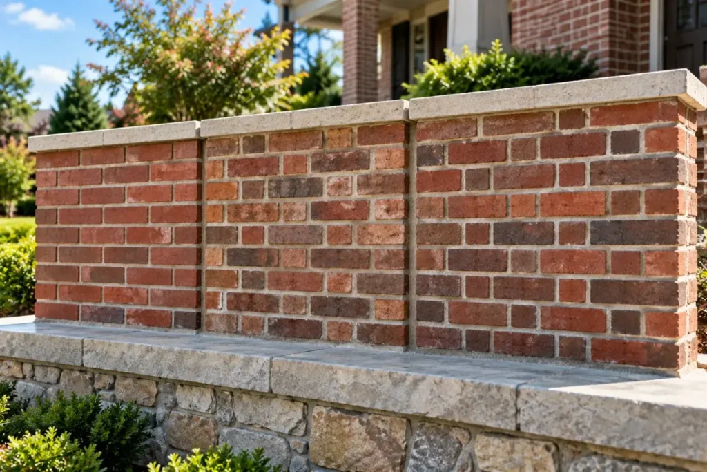 Brick wall panels in running, Flemish and English bond patterns