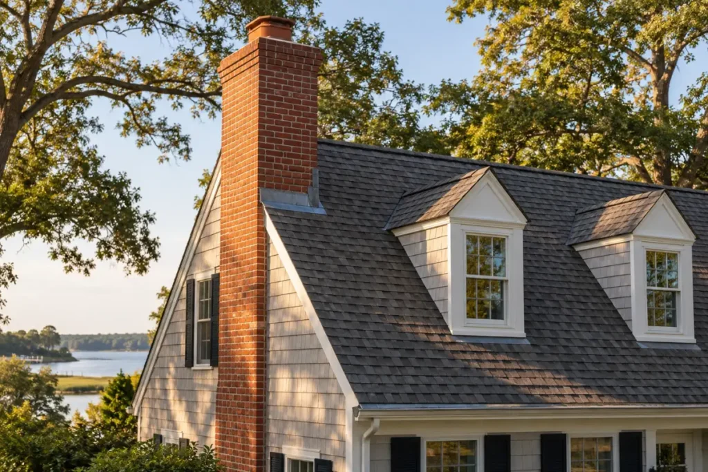 Brick chimney rising above the roofline of a Cape Cod home