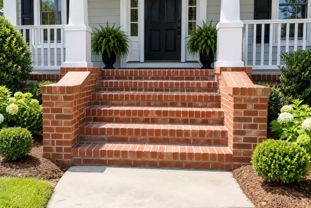New red brick front steps with brick side walls