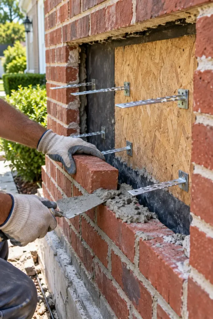 Brick veneer section being rebuilt with new metal wall ties