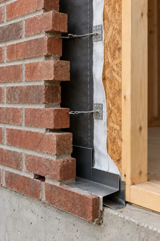 Cutaway of a brick veneer wall with air space, wall ties and flashing