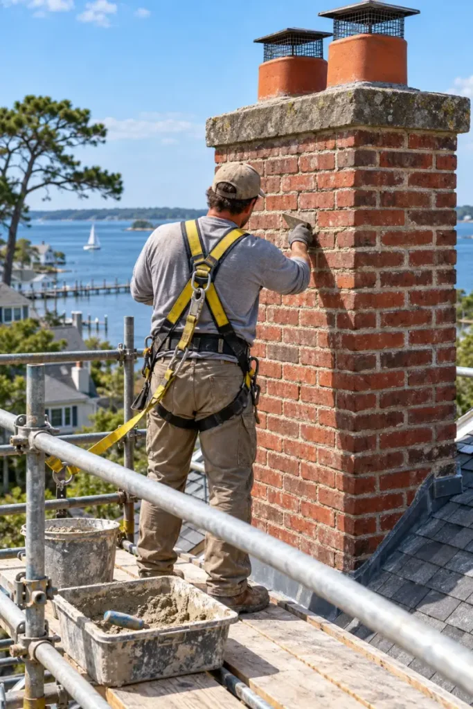 Mason repointing a brick chimney stack above the roofline