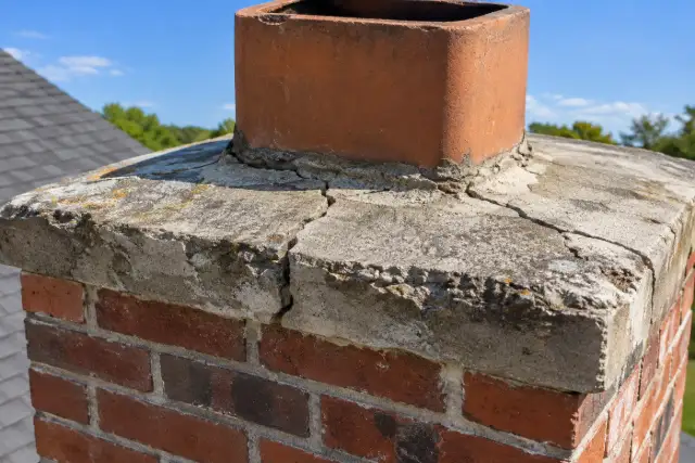 Cracked concrete chimney crown around a clay flue