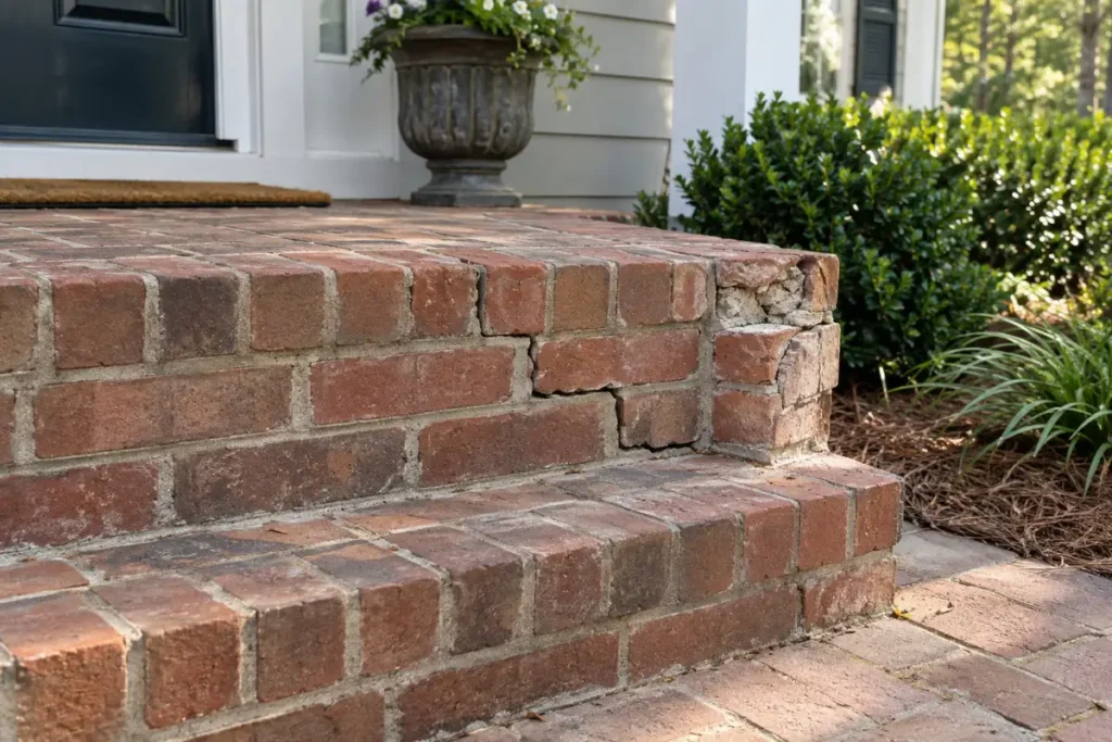 Brick front step with cracked mortar and spalled bricks