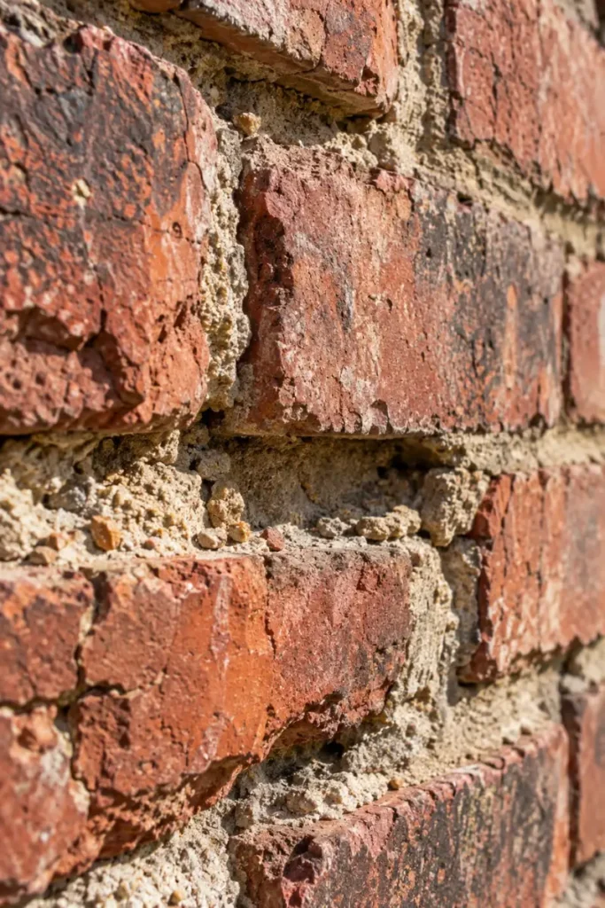 Recessed and crumbling mortar joints between old red bricks