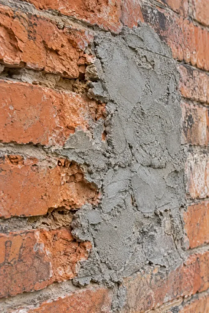 Hard gray cement mortar smeared over soft old brick from a poor repair