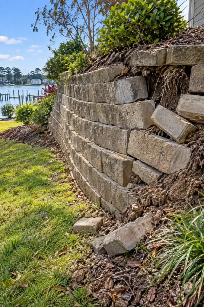 Leaning and bulging block retaining wall with displaced blocks