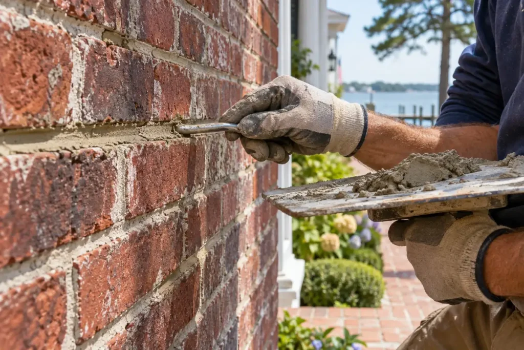 Mason tooling a new mortar joint while repointing a brick wall