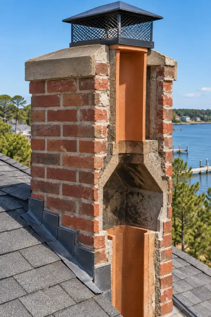 Cutaway of a masonry chimney showing crown, cap, flue liner and flashing