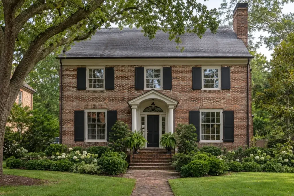 Facade of an older brick home with weathered mortar joints