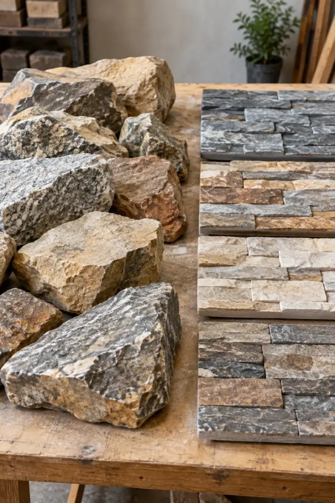 Natural stone beside manufactured stone veneer samples