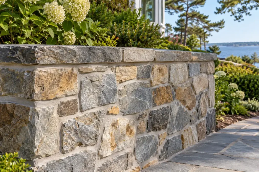 Mortared natural stone wall with gray and tan stones