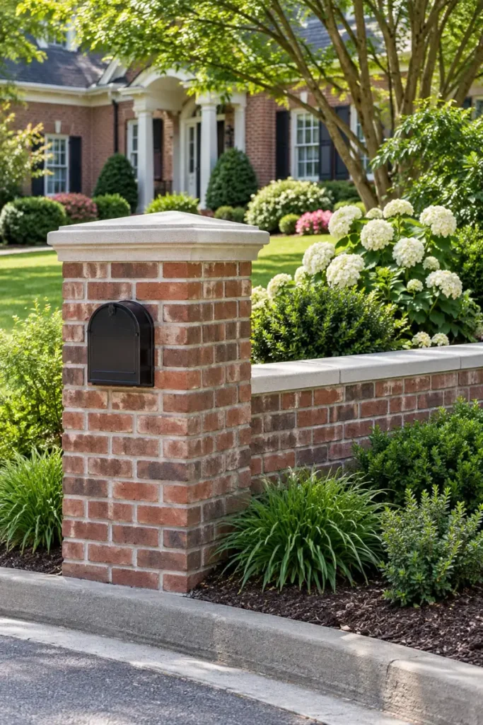 New brick mailbox column beside a low brick garden wall
