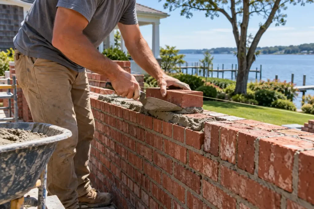 Mason laying new brick to a string line on a new wall