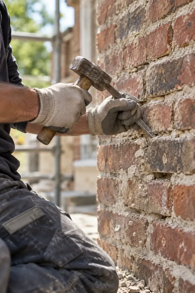 Worker raking out old mortar from brick joints before repointing