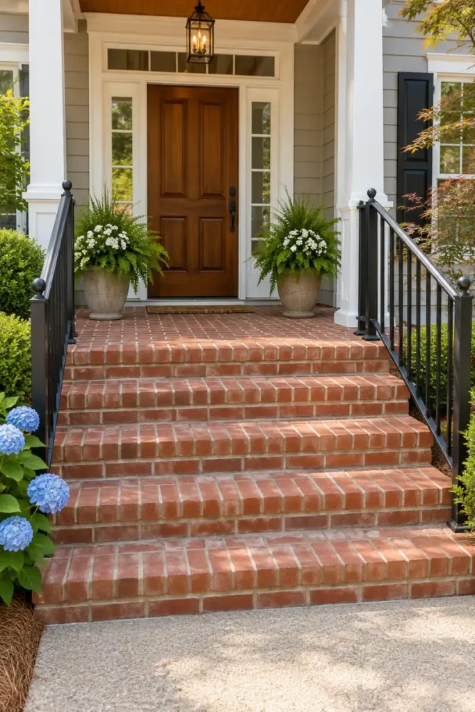 Neatly repaired brick front steps leading to a front door