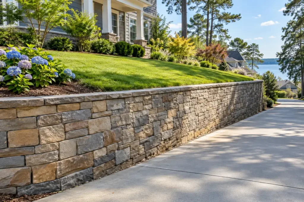 Retaining wall along a sloped residential lot beside a driveway