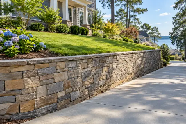 Retaining wall along a sloped residential lot beside a driveway