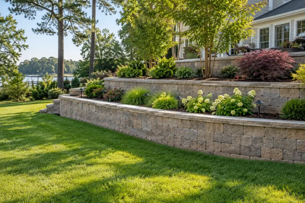 Segmental block retaining wall holding back a raised lawn