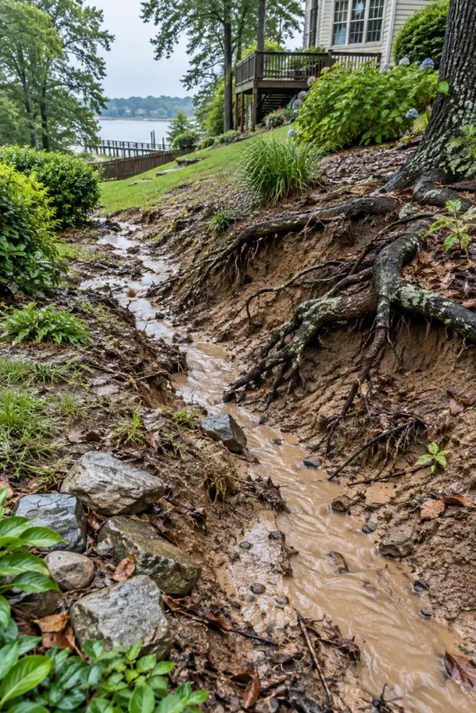 Sloped backyard with soil erosion and runoff after rain