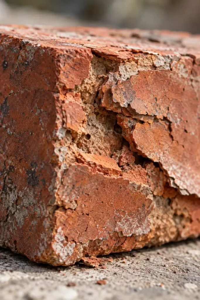 Close-up of a brick surface flaking off from spalling damage