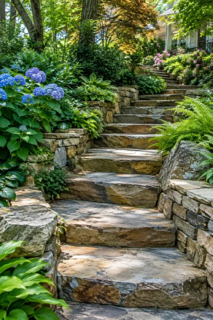 Natural flagstone steps winding through a garden