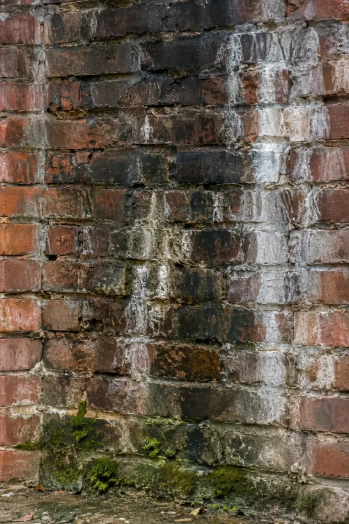 Water staining and efflorescence on an aging brick wall