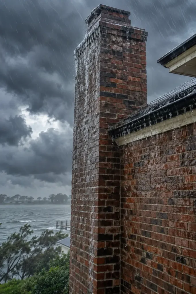 Wind-driven rain soaking a brick chimney and wall during a coastal storm